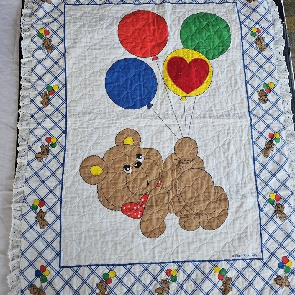 That’s Our Baby Quilted Crib Blanket Comforter Lovey Bear Balloons Vintage 80s